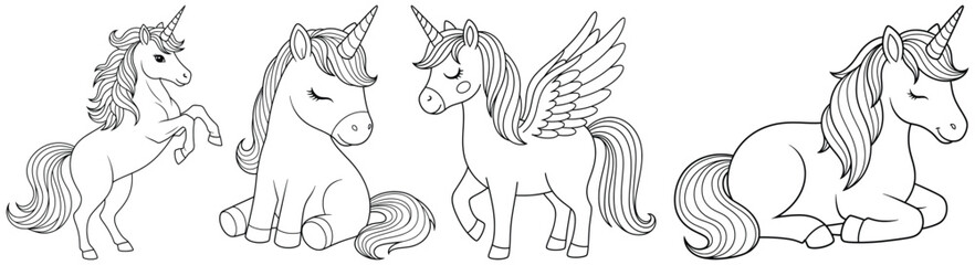 Unicorn illustration with four magical characters in vector style designed as outlined cartoon line drawings for creative projects and designs