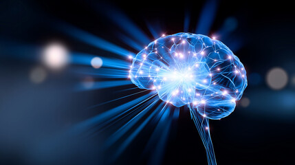 A digital rendering of a human brain glowing with interconnected nodes and light rays. It symbolizes artificial intelligence, neural networks, and futuristic cognition.