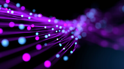 A stream of glowing purple and blue fiber optic cables against a dark background. The lights create a sense of data transmission, speed, and digital communication.