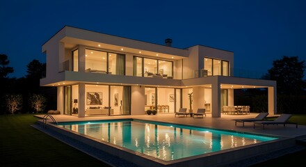 Contemporary luxury home featuring glowing pool lights in elegant design