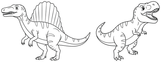 Dinosaur vector illustration of spinosaurus and tyrannosaurus rex in cartoon style, designed as prehistoric reptiles for coloring pages and kids projects