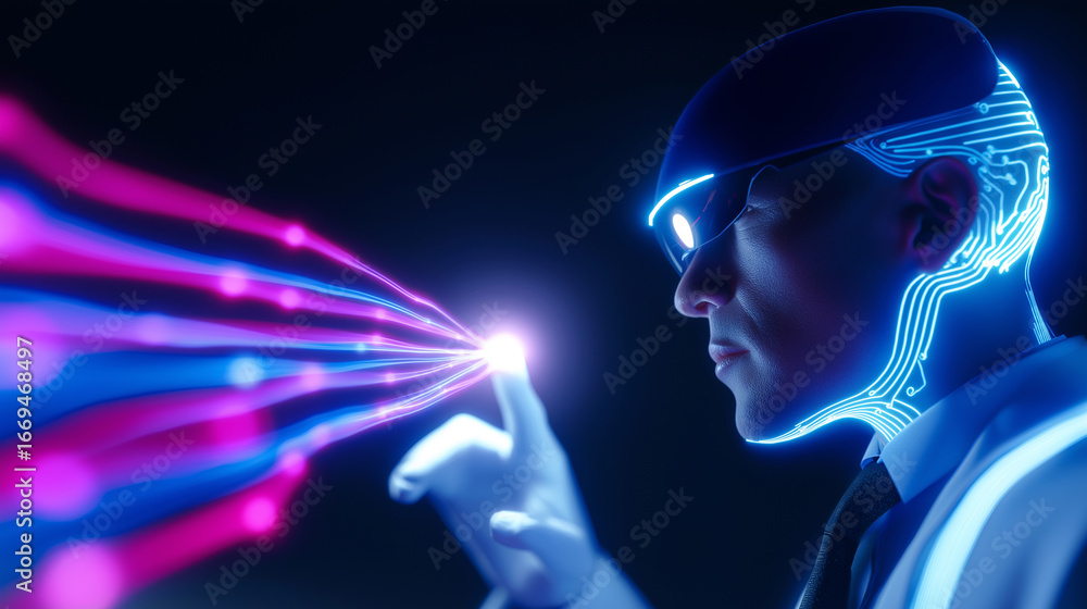 Poster a digital male figure with a glowing neural interface reaches out to touch colorful data streams. th