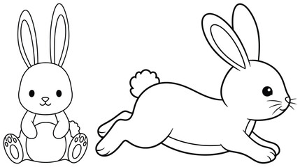Bunny illustration with three cartoon rabbits in vector style including one holding a carrot, one sitting peacefully and one running drawn as line art