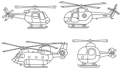Helicopter illustration with four cartoon aircraft in vector style including rescue, military, transport and small chopper created as outlined line art © Crafter