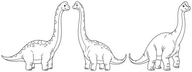 Dinosaur illustration with four cartoon sauropods in vector style including smiling characters with long necks and playful body shapes drawn as line art © Crafter