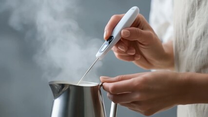 Steaming milk temperature: The scene captures the moment a barista checks the steaming milk temperature with a digital thermometer, ensuring the perfect temperature for delicious latte or cappuccino.