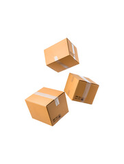Cardboard parcel boxes that are closed and taped, in a falling position
