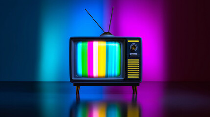Vintage television set displaying a colorful test pattern screen in a neon-lit room with retro atmosphere.