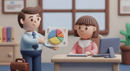 A cartoon businessman presenting a pie chart to a seated businesswoman in an office.