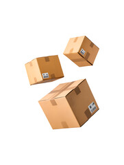 Cardboard parcel boxes that are closed and taped, in a falling position
