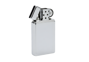 Chrome metal lighter isolated on transparent background, a modern smoking accessory and a collectible item, a source of fire and flame