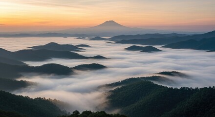 Mountain landscape with sea of clouds at sunrise nature