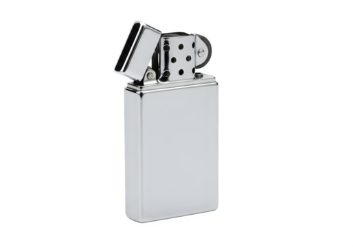 Chrome metal lighter isolated on transparent background, a modern smoking accessory and a collectible item, a source of fire and flame