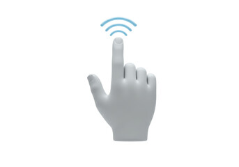 Isolated gray 3D hand, index finger pointing up and three blue signal strength waves