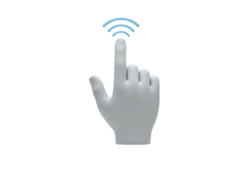 Isolated gray 3D hand, index finger pointing up and three blue signal strength waves