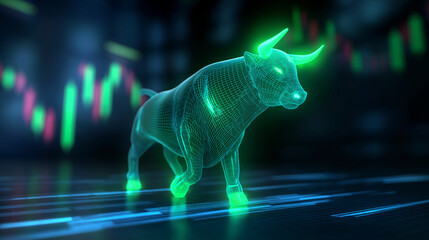 Futuristic green wireframe bull symbolizing a bullish stock market trend with digital trading background.
