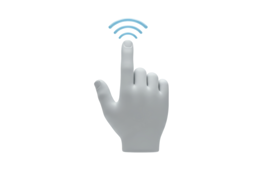 Isolated gray 3D hand, index finger pointing up and three blue signal strength waves