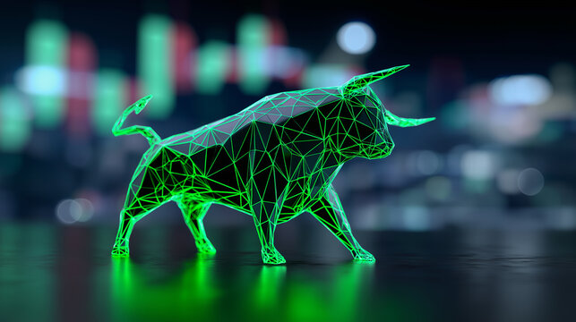 Futuristic green wireframe bull symbolizing a bullish stock market trend with digital trading background.
