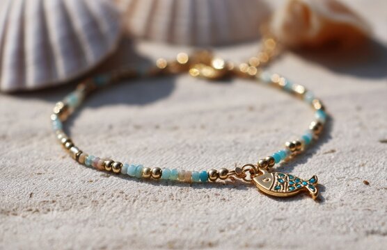 Gold and aquamarine beaded bracelet with fish charm symbolizing luck and prosperity