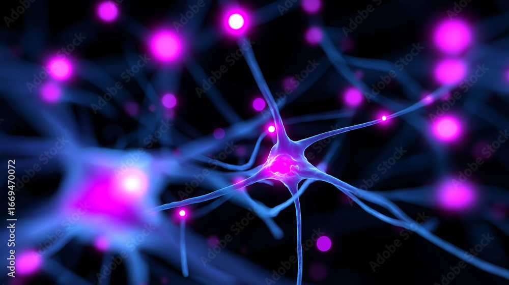 Poster a digital 3d illustration showing neurons with glowing purple and pink synapses. the neural connecti