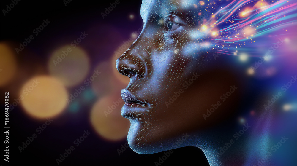 Poster a stylized side profile of a human face with colorful light trails and neural-like connections exten
