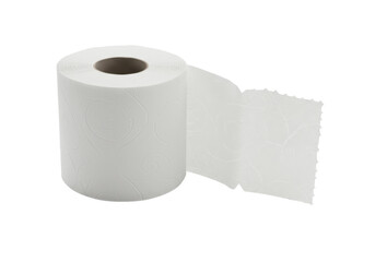 Isolated roll of clean bath tissue; toilet paper with perforated sheet pulled