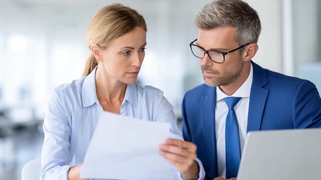 Business Collaboration: A focused business duo, engrossed in a document, working on a shared goal together, highlighting the dynamics of their teamwork.