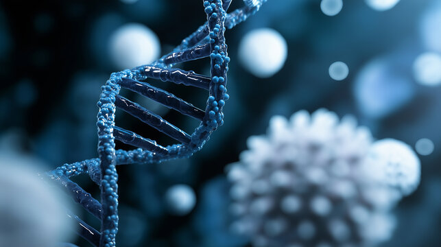 Glowing 3D DNA helix structure in blue tones, representing genetics, biotechnology, and molecular biology in a high-tech style.