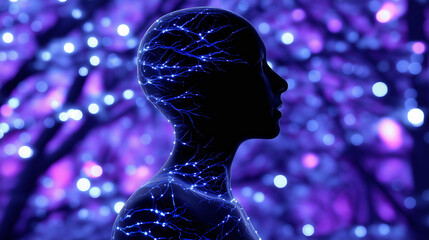 A human silhouette filled with glowing neural or digital pathways, set against a purple, tech-inspired background. This concept image represents artificial intelligence, the human mind, or futuristic 