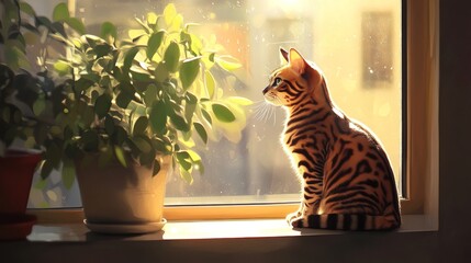 A cute Bengal cat is sitting on a windowsill. It's looking out at the street, maybe waiting for something. The sun shines on the lonely cat as it watches the world outside.
