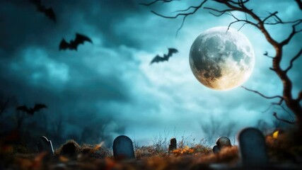 Spooky full moon night with bats and tombstones in haunted cemetery. Halloween, All Hallows Eve, Samhain - Spooky Holiday Season, Fall Festival Celebration - Powered by Adobe