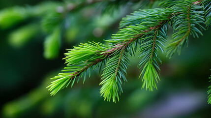 Fototapeta premium Close-up of fresh green spruce branches with young needle growth in a lush forest environment. 
