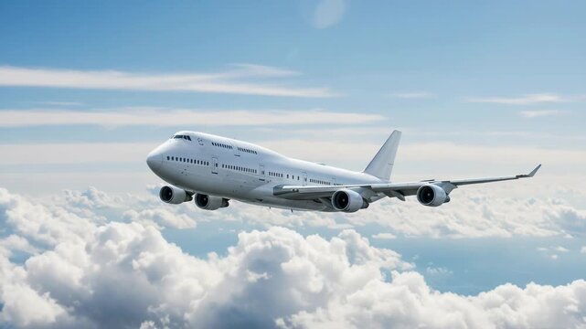 A large white passenger airplane cruising through a clear blue sky filled with fluffy white clouds on a sunny day