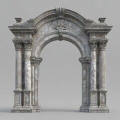 Fototapeta premium An old arch made of marble. It looks like Roman style. A fancy, old gate with stone pillars. A realistic picture of a castle or palace entrance. 