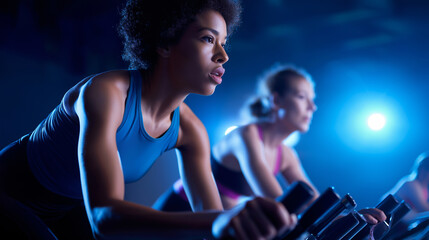 Group of focused women in sportswear intensely training on stationary bikes in a dimly lit indoor cycling class or spin studio.