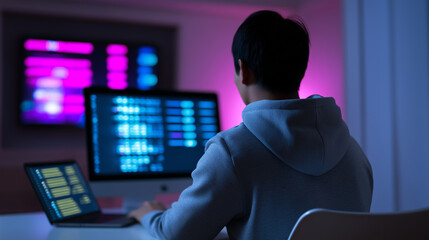 Young developer coding at night on multiple screens in a dark room illuminated by neon lights, representing cybersecurity and tech work.