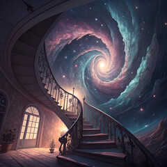a staircase spiraling into a galaxy vortex