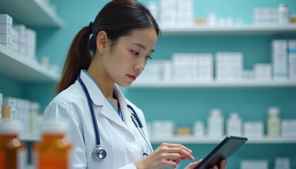 Young Asian female healthcare professional in white coat with stethoscope studies medical data on tablet. Pharmacy shelves filled with medications visible in background. Focus on precision medicine,