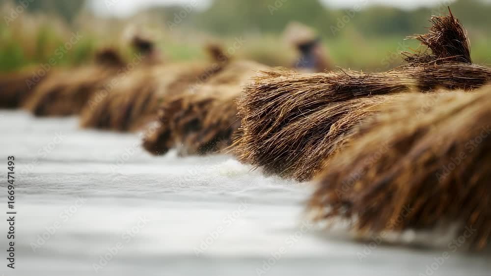 Poster harvesters in shallow retting pond raise wet flax bundles midaction main subject crisp and detailed 