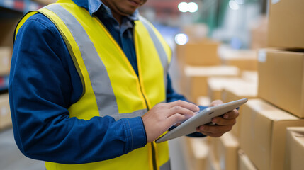 Warehouse worker in high-visibility vest using a tablet for logistics and inventory management among stacked boxes.