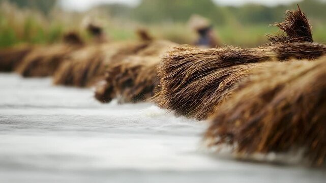 Harvesters in shallow retting pond raise wet flax bundles midaction main subject crisp and detailed with softfocus rippling water and muted reeds in background emphasizing natural