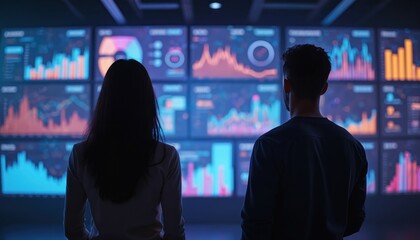 Data analysts review real-time analytics dashboards in modern office. Teamwork, collaboration, insight generation fuel business intelligence. Financial strategy, planning rely on system displays,