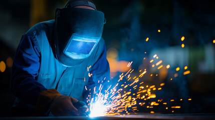 Industrial welder in protective gear working with bright sparks in a dark workshop environment.
