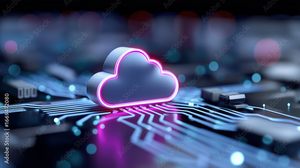 Poster neon glowing cloud icon floating above a digital grid, representing cloud computing, data storage, a