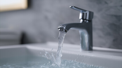 Fresh water flowing from a modern chrome faucet into a white sink in a clean blue-tiled bathroom.
