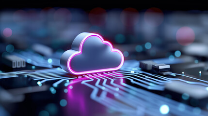 Neon glowing cloud icon floating above a digital grid, representing cloud computing, data storage, and modern technology.
