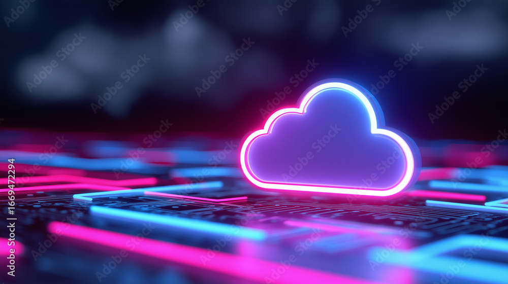 Aufkleber neon glowing cloud icon floating above a digital grid, representing cloud computing, data storage, a