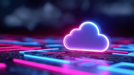 Neon glowing cloud icon floating above a digital grid, representing cloud computing, data storage, and modern technology.