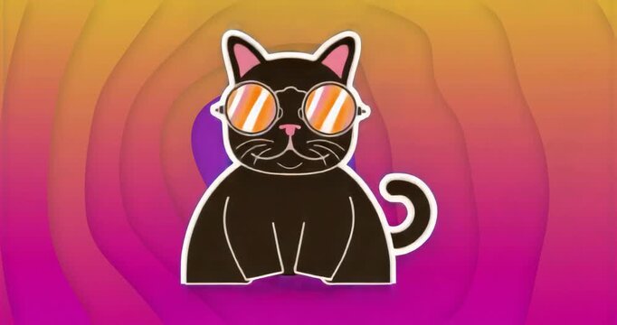 Opening frame one, black cat wearing striped sunglasses, rippling gradient bands looping seamlessly