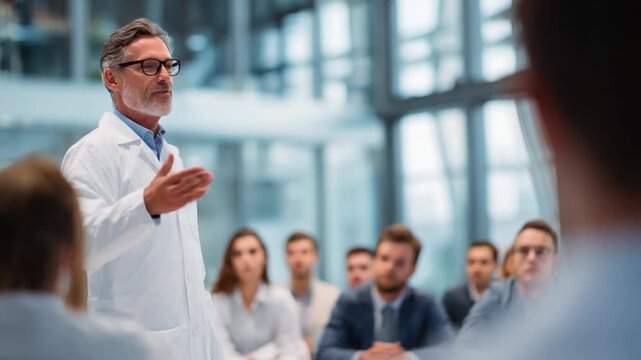 The Speaker in Lab Coat: A knowledgeable speaker in a lab coat, captivates an audience in a professional setting. Demonstrating expertise and engaging with the intent to communicate.